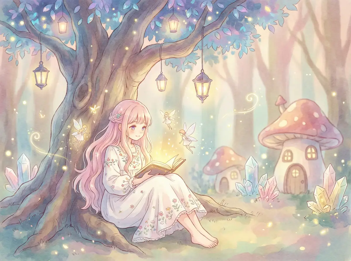 最好看的2019中文字幕 - 魔法森林中阅读故事书的粉发少女与精灵
